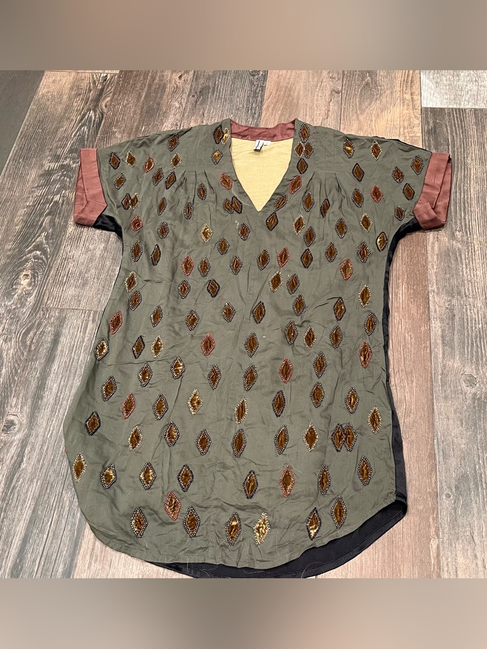 BL^NK LONDON Anthropologie Tunic Bohemian Size S Olive Blouse Velvet & Beads